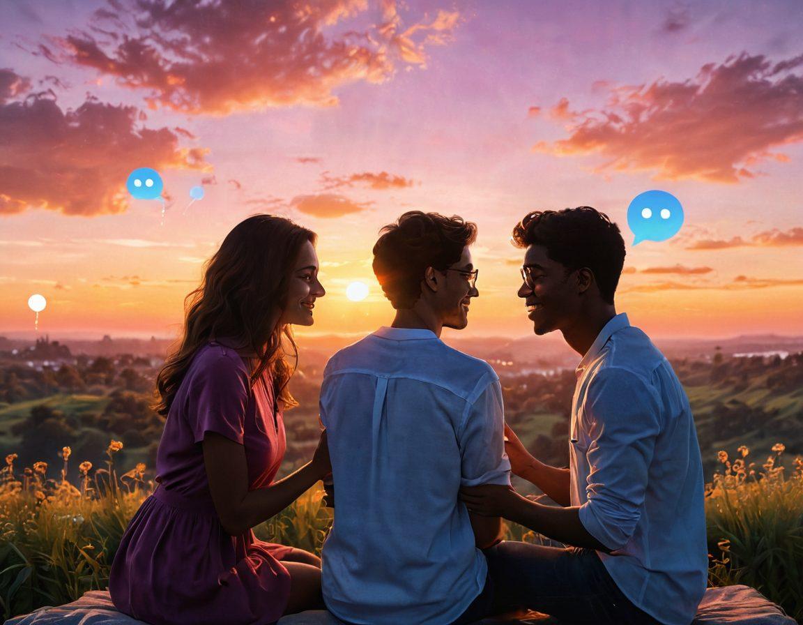 A romantic scene depicting two people engaged in a virtual chat, with digital elements like chat bubbles and emojis surrounding them. In the background, a beautiful sunset symbolizes the transition from digital to real-life connections, blending technology with warmth. Include subtle hints of nature, like flowers and greenery, to emphasize romance. The overall tone should feel inviting and heartfelt. vibrant colors. super-realistic.