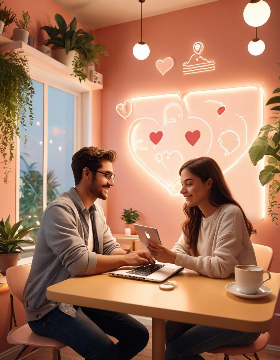 A cozy virtual cafe setting, where two diverse individuals are sharing a video call on their laptops, surrounded by symbols of love like hearts and chat bubbles. Soft warm lighting enhances their interaction, invoking a sense of intimacy and connection. Include elements like plants and coffee cups that represent comfort and warmth. super-realistic. soft colors.