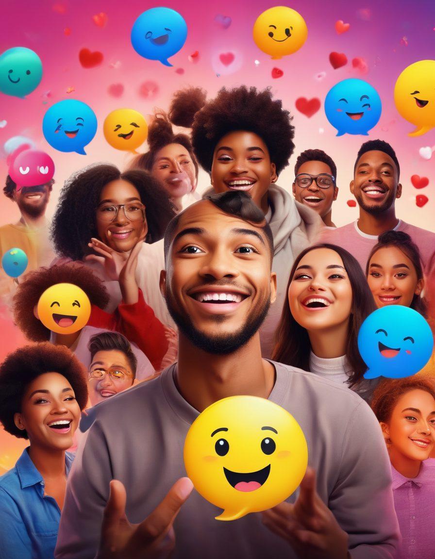A vibrant live streaming scene featuring diverse individuals connecting through their webcams, showcasing joyful expressions and heart emojis floating in the air. The background should depict a colorful digital landscape symbolizing online relationships, with elements like chat bubbles and social media icons. Emphasize warmth, inclusion, and connectivity. super-realistic. vibrant colors. digital art.